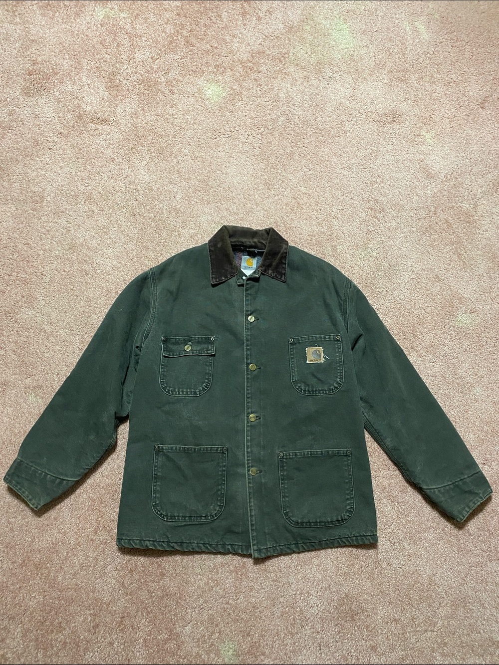 Vintage Carhartt Dark Green Chore Jacket with Brown Corduroy Collar